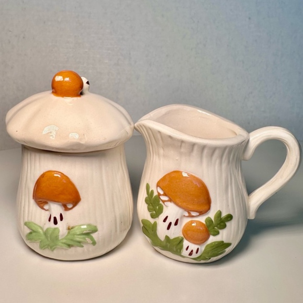 Vintage Handmade Mushroom Creamer and Sugar Set - Orange and White